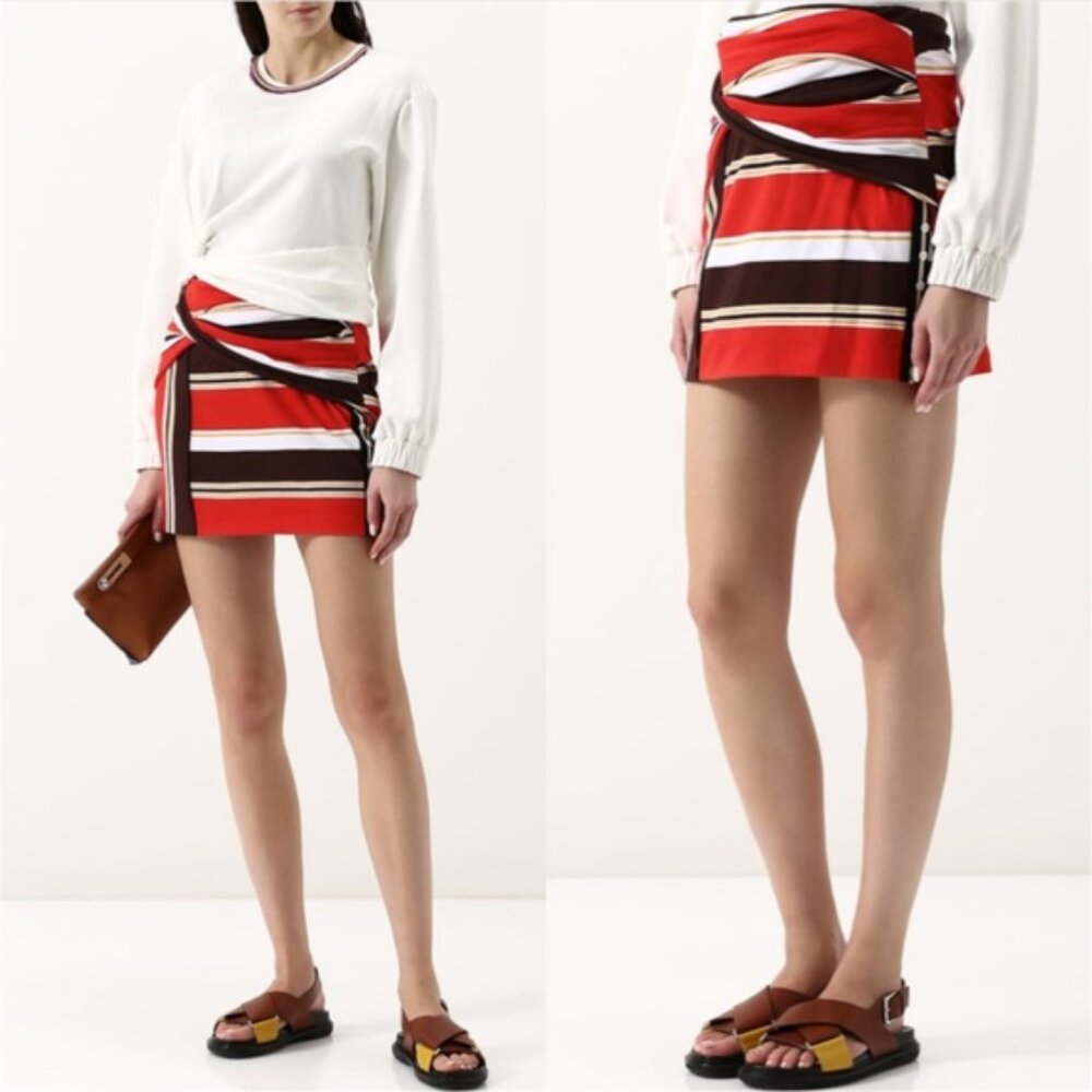 Phillip Lim Striped Mini Skirt Size XS Orange Black Short Ruched Stretch Cotton
